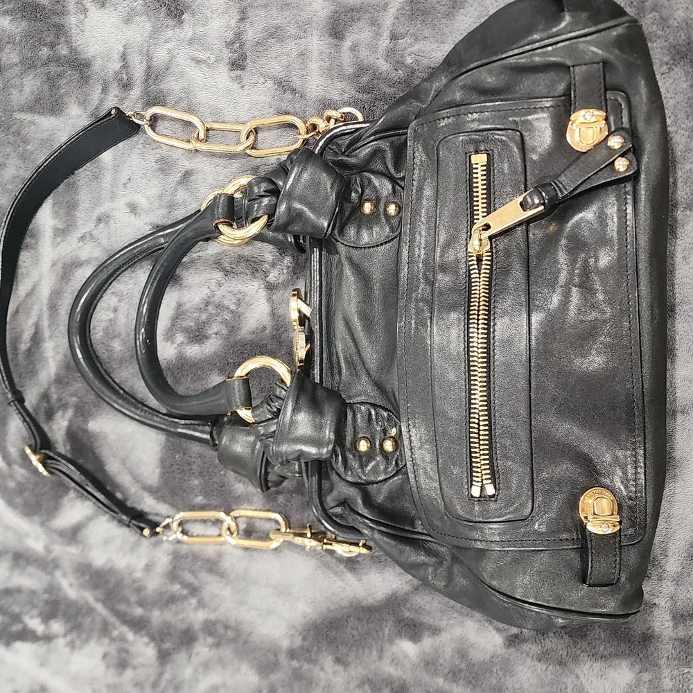 Black Leather Handbag with Gold Accents